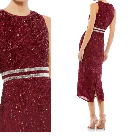 MAC DUGGAL VERTICAL SEQUINBURGUNDY MIDI COCKTAIL SHEATH DRESS sz 6 - Picture 2 of 4